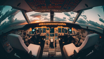 Fototapeta premium Cockpit of Airplane View created by generative AI