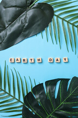 Top view of earth day lettering on square box and various leafy green isolated on blue background. World earth day concept. 