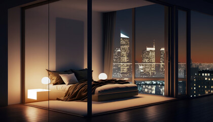 Hotel room interior with night city lights out of glass windows.  Modern design apartment bedroom, generative AI 