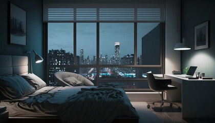 Hotel room with night city lights out of glass windows. Modern design apartment bedroom interior, generative AI 