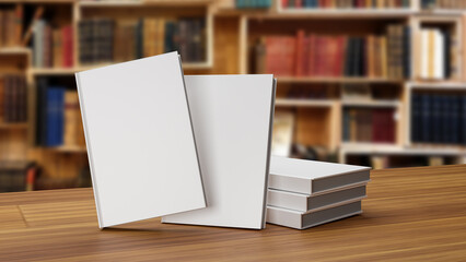five empty gray hard cover books standing on a wooden table in a library, 3d rendering