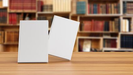 two empty gray hard cover books standing on a wooden table in a library, 3d rendering