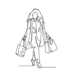 One continuous line drawing of woman carrying groceries in the mall. Consumers Day design with simple linear style. Consumers Day design concept Vector illustration