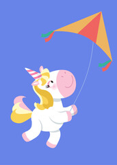 Cute isolated unicorn flies kite. Cartoon character animal horse for design. Vector illustration. 