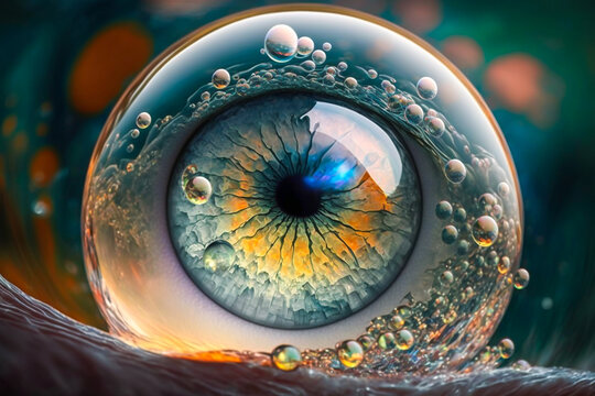 Abstract illustration of a mysterious wet eyeball sphere. Eyeball sphere fulfilled with water and uncanny shining. Macro science, dark ritual and mystic fantasy concept