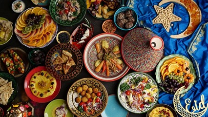 Ramadan halal food. Eid table setting top view. Hummus, Moroccan traditional cuisine. Authentic local homemade traditional meals