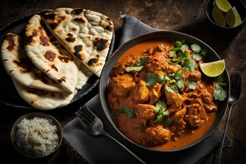 Chicken tikka masala spicy curry meat food in a clay plate with rice and naan bread and rive, GENERATIVE AI