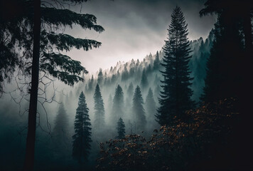 Misty landscape with fir forest in hipster vintage retro style, ai