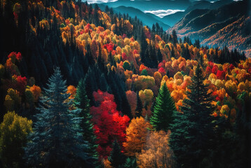 Background of autumn mountains covered with yellow red orange trees, view from quadcopter. Landscape of autumn colors, mist in October