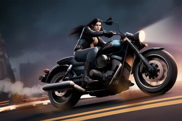 Obraz na płótnie Canvas Illustrated Woman Riding a Racing Motorcyclye at Night Generative AI Illustration