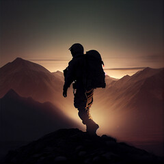 Soldier walking on a mountain during dusk. Silhouette.
