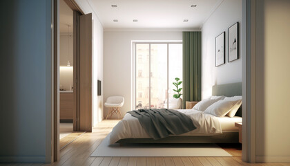 Fototapeta na wymiar Bedroom interior double bed room in hotel, luxury room, comfortable furnirture. Generative AI