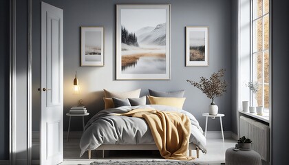 Bedroom: interior, deco, white, grey, wood, comfortable, furniture, bed, high ceiling, door, window, light, empty, blank, nobody, no people, photorealistic, illustration, Gen. AI