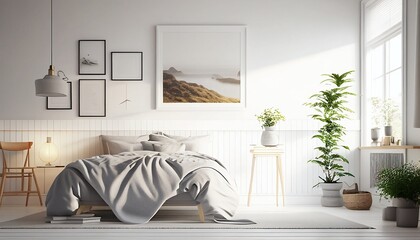 Bedroom: Scandinavian, style, interior, white, wood, floor, high ceiling, window, light, bed, pillows, plants, empty, blank, nobody, no people, photorealistic, illustration, Gen. AI