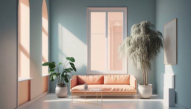 Living Room: Minimalistic, Interior, White, Blue, Orange, High Ceiling, Light, Windows, Plants, Sofa, Table, Empty, Blank, Nobody, No People, Photorealistic, Illustration, Gen. AI