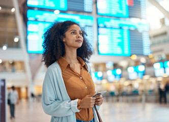 Passport, airport and black woman thinking of international journey, travel information and...