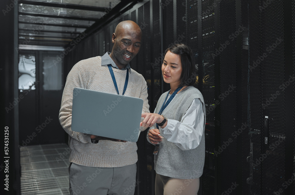 Poster business, black man and woman with laptop, servers and cyber security for connection, data analytics