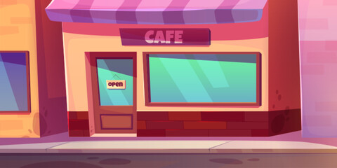 Fototapeta na wymiar Building exterior with cafe, restaurant or coffee shop. Empty city street landscape with cafeteria front. Small diner or cafe storefront with door and awning, vector cartoon illustration
