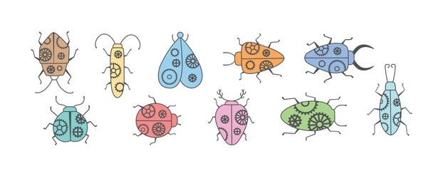 Set of colorful steampunk insects with cogwheels, gears. Vector illustration for stickers