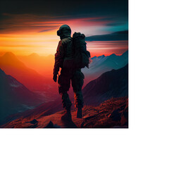 Soldier walking on a mountain during dusk. Silhouette.