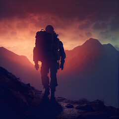 Soldier walking on a mountain during dusk. Silhouette.
