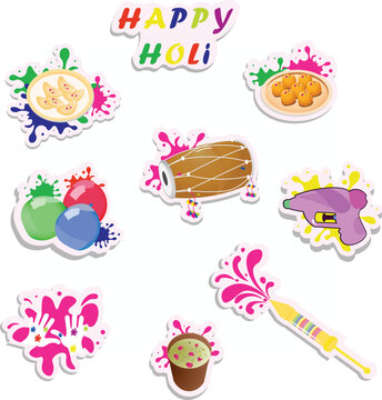 Happy holi stickers, holi icons vector illustration, holi festival