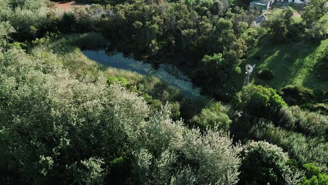 Drone Fly Over of a South African Farm in Franschhoek with a beautiful pond and wind pump