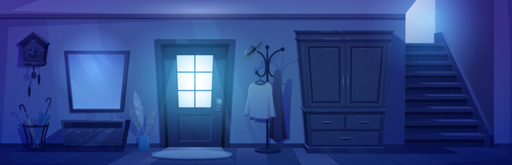 Dark house hallway interior at night with closed door cartoon vector background. Empty stairs inside home hall. Light from entrance window in foyer. Indoor horror lobby illustration with mirror.