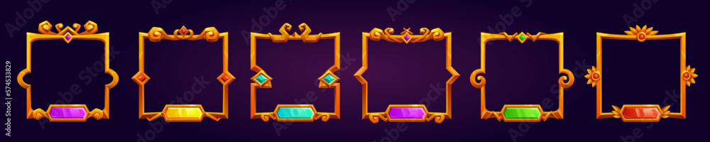 Poster fantasy game square gold user avatar frame set cartoon vector label. medieval ui interface for winne