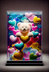 Adorable Teddy Bear Floating Among Many Colorful Hearts. generative ai