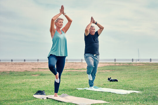 Yoga, fitness and senior couple wellness in park zen, holistic meditation or retirement health for calm mind. Mountain pose, Tadasana or prayer of elderly people training, learning pilates or workout