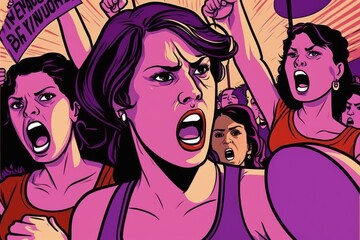 Naklejka na ściany i meble Cartoon Women Speaking Out for Equality, color purple. International women's day.