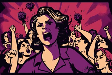 Determined Animated Women Demanding Justice, color purple. International women's day.