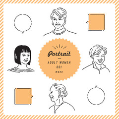 年配女性のポートレートイラストセット（モノクロ）