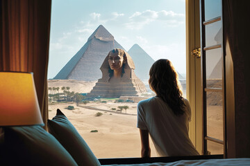 Rear view of a woman looking from the window of hotel room on the wonder of the world - the Great Egyptian Pyramids among the sands of the Sahara desert. AI generative - obrazy, fototapety, plakaty