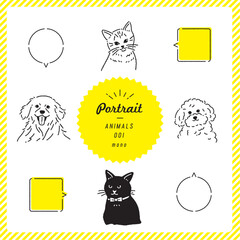動物のポートレートイラストセット（モノクロ）