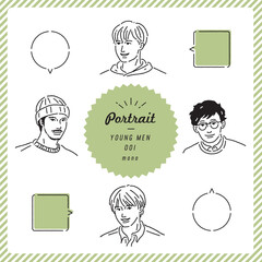 若い男性のポートレートイラストセット（モノクロ）