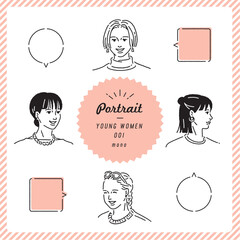 若い女性のポートレートイラストセット（モノクロ）
