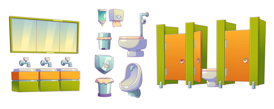 Cartoon set of school toilet interior elements isolated on white background. Contemporary vector illustration of wc cubicles, sinks, mirrors, urinal, soap and tissue dispensers, waste bin, hand dryer