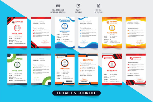Employee ID card collection for office and business organizations. Identity card bundle design with photo placeholders. Company and academic identification card set vector with red and blue colors.