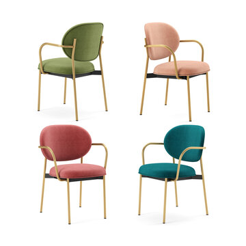3d render set of unique armchair with different angle and color on isolated background 