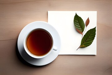 Cup of hot tea. On wooden table on white wooden table. Top view. Free space for your text
