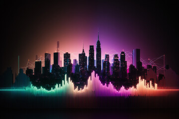 a colorful neon light sound wave with a city skyline in the background. Generative AI