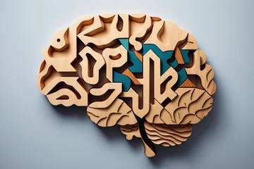 Muurstickers Neurodiversity concept. Brain from colorful puzzle pieces.The concept of rational and irrational thinking. Colourful shapes of abstract brain for concept of idea and teamwork. GENERATIVE AI © nishihata