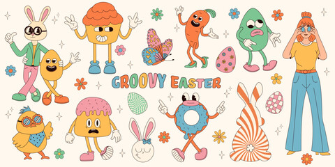 Groovy hippie Happy Easter set. Easter bunny, eggs, butterflies, cupcakes, chickens, woman. Set of cartoon characters and elements in trendy retro 60s 70s cartoon style.