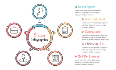 Doodle circle diagram with five elements with place for icons and text, hand drawn infographic template