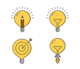 Four colored idea icons with bulb, line style