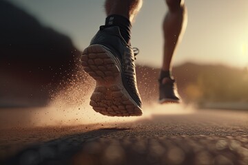Fototapeta na wymiar Close up on shoe sprint powerful. Runner athlete running on the road. Generative AI
