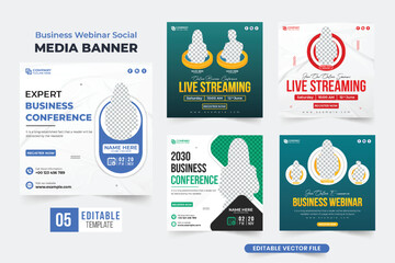 Expert business agency conference template collection for social media marketing. Web seminar and conference promotional poster set vector. Office webinar template bundle with photo placeholders.