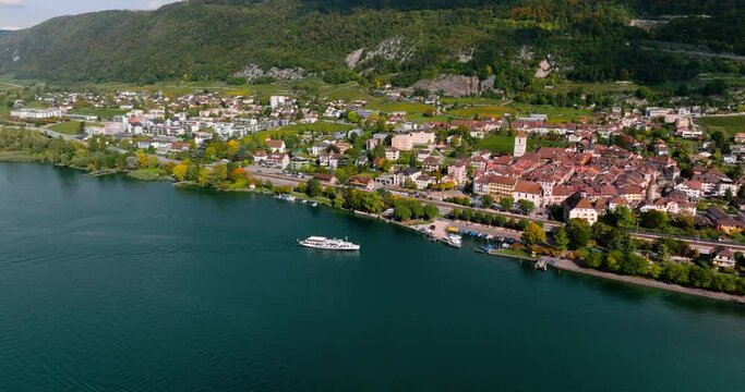 Aerial view of the town of La Neuveville on the shores of Lake Biel, Switzerland